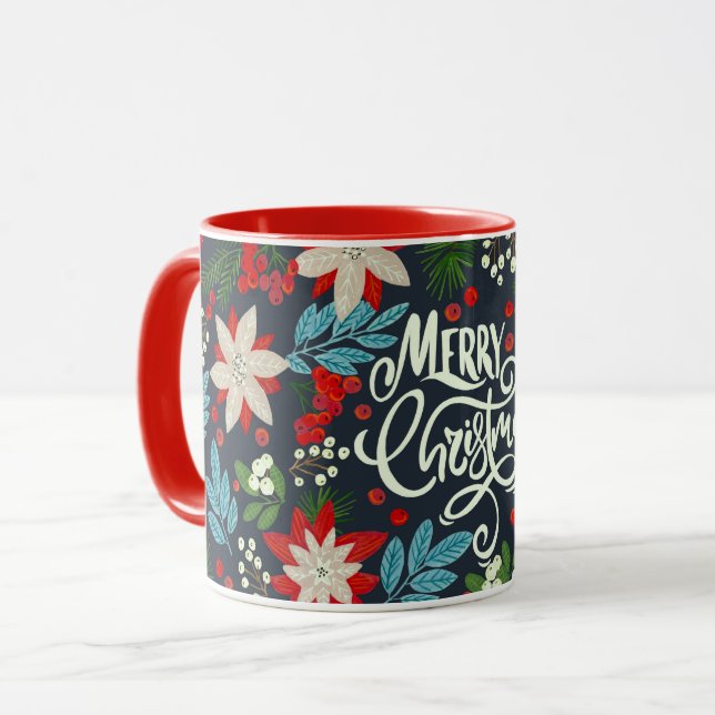 Caneca Inscrição de Natal vermelho-azul-Floral Mug (Frente Esquerda)