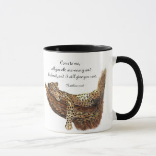 Caneca Inspirado, escritura, 11:28 de Matthew, leopardo