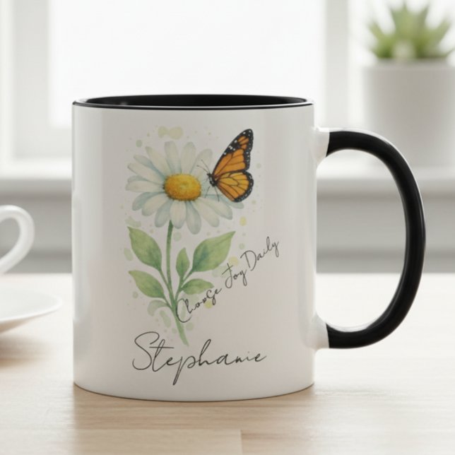 Caneca Inspirational Mug - Daisy Butterfly Choose Joy (Monarch butterfly and daisy inspirational coffee mug)