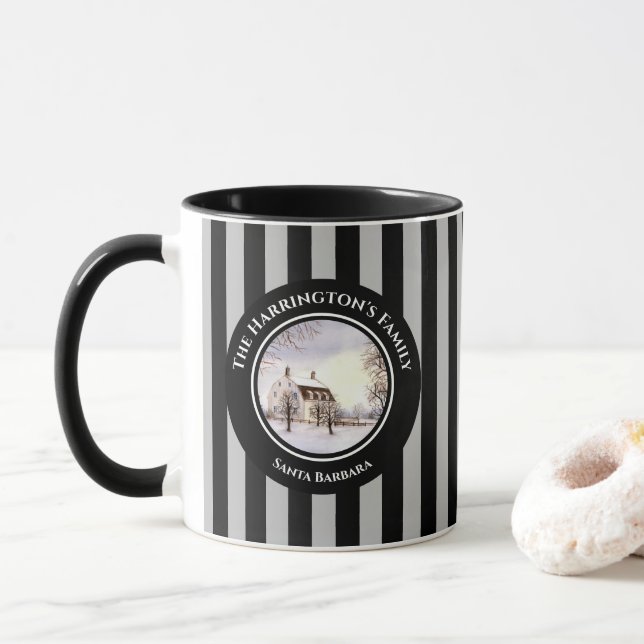 Caneca Inverno na Nova Inglaterra Cinza Negra de Natal (Com Donut)