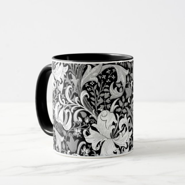 Caneca Íris e lírio de William Morris, preto e branco (Frente Esquerda)