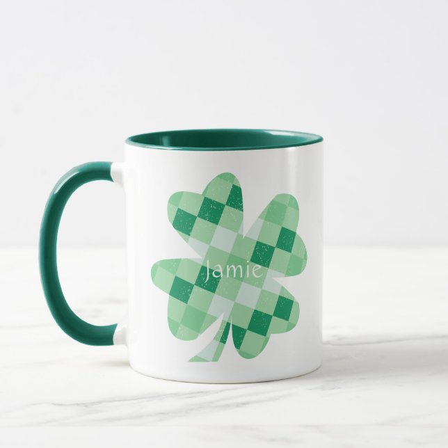 Caneca Irish Shamrock Clover Green Checks Nome Monograma (Esquerda)
