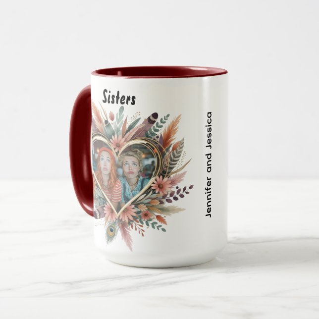 Caneca Irmã Boho com Coração Floral & Nomes (Frente Esquerda)