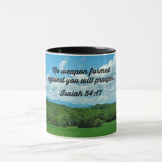 Caneca Isaiah 54:17 Nenhuma arma formada contra você (Centro)