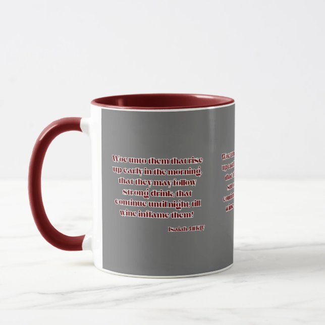Caneca Isaiah 5:11 Escritura de Bíblia KJV Dois-Tom (Esquerda)