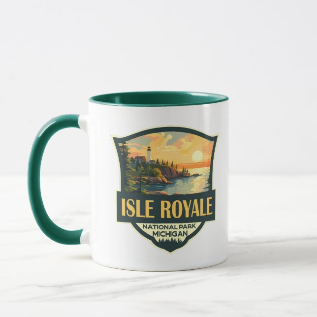 Caneca Isle Royale National Park Ilustration Retro Crachá (Esquerda)