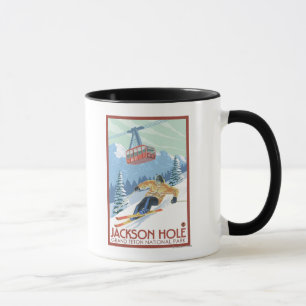 Caneca Jackson Hole, esquiador de Wyoming e bonde