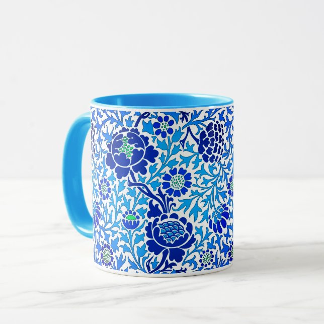 Caneca Jacobean Floral, Marinho, Branco e Azul Ceruliano (Frente Esquerda)