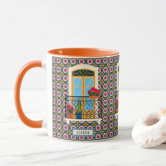 Caneca Janela da casa de Lisboa com plantas e azulejos (Com Donut)