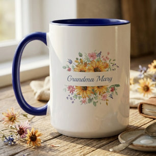 Caneca Jardim de Girassóis Aquarela Floral Avó Nome