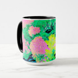 Caneca Jardim de Hydrangea rosa com folhagem amarela