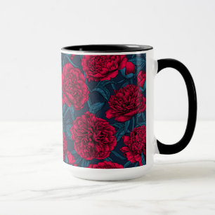 Caneca Jardim de peônia vermelha em azul escuro
