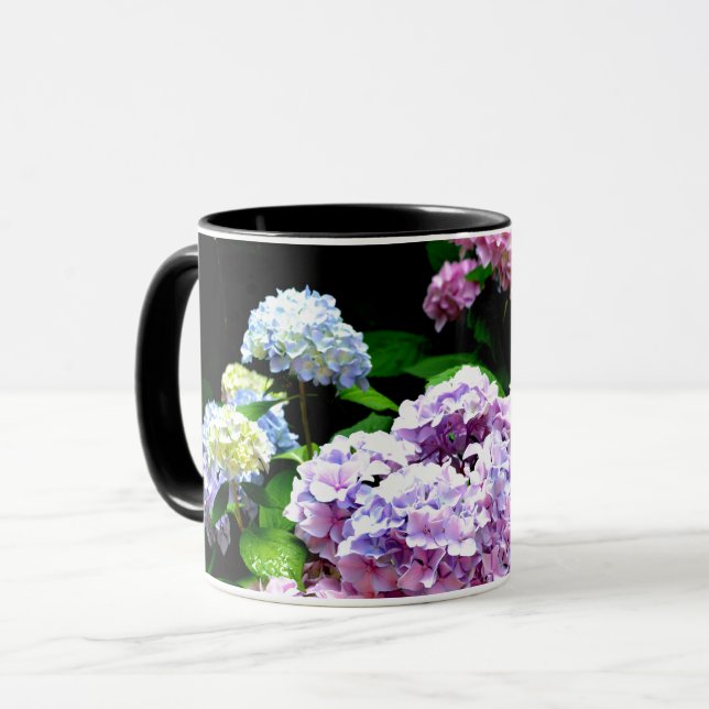 Caneca Jardim Hydrangea, rosa, azul, floral roxo (Frente Esquerda)