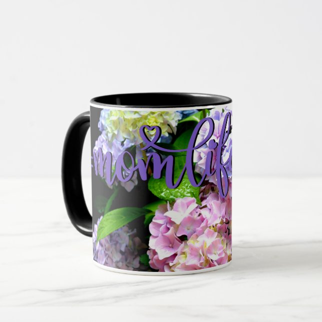 Caneca Jardim Hydrangea, rosa, azul, mãe floral roxa (Frente Esquerda)