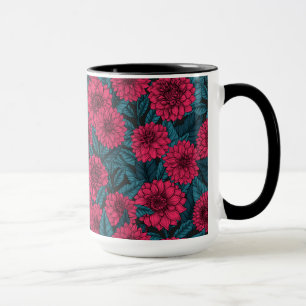 Caneca Jardim Vermelho Dahlia/folhas azuis