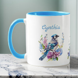 Caneca Jays Azuis e Flores de Verão Bonito Monograma