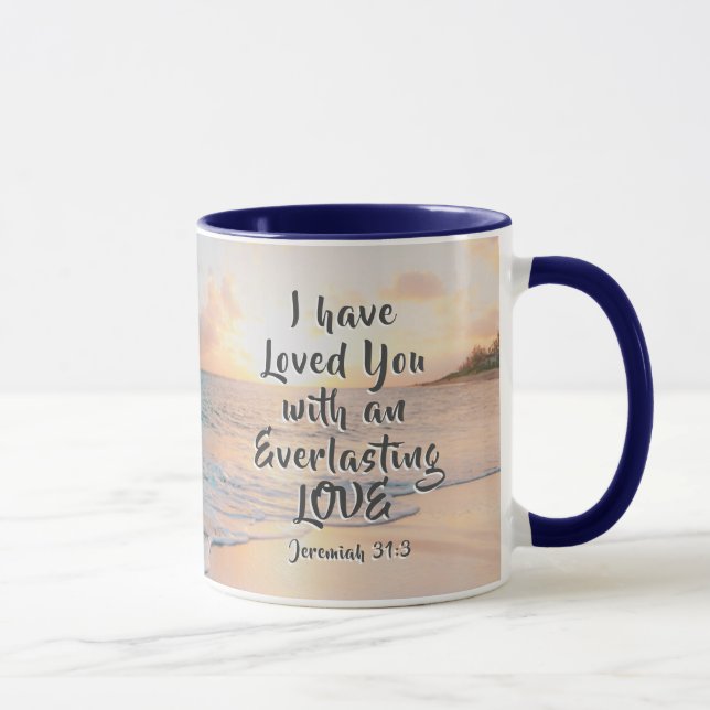 Caneca Jeremiah 31:3 Eu te amei Bíblia Oceano Sunset (Direita)