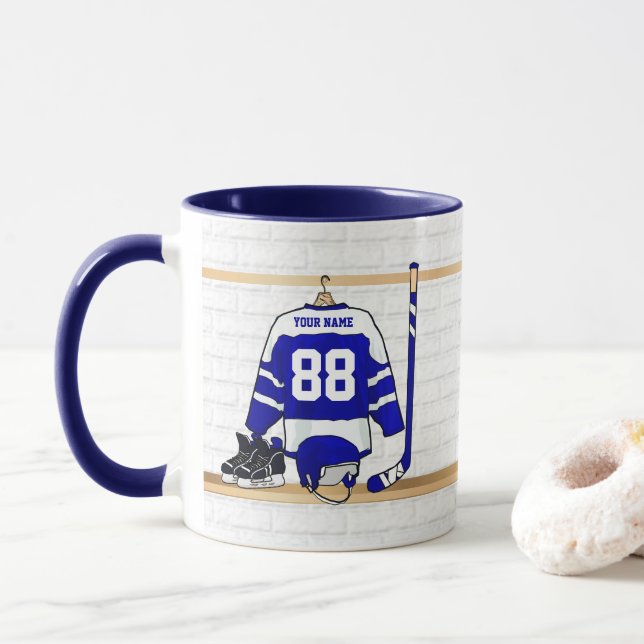 Caneca Jersey de Hóquei em Gelo Branco e Azul Personaliza (Com Donut)