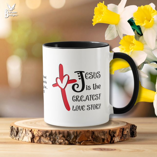 Caneca JESUS A MAIOR HISTÓRIA DE AMOR Páscoa Cristã (Modern JESUS IS THE GREATEST LOVE STORY Easter Resurrection Mug with customizable text. Great gift.)