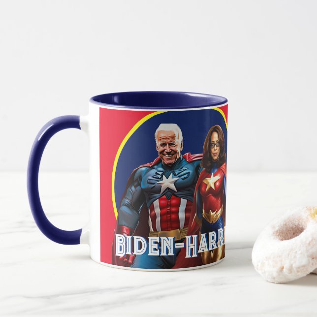 Caneca Joe Biden e Kamala Harris como Superheros (Com Donut)