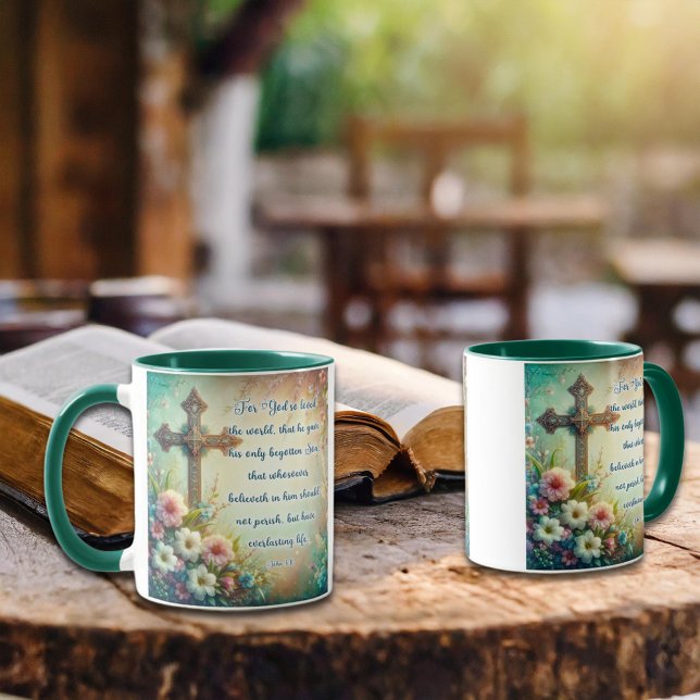 Caneca John 3:16 Scripture Cross Floral Christian (Criador carregado)