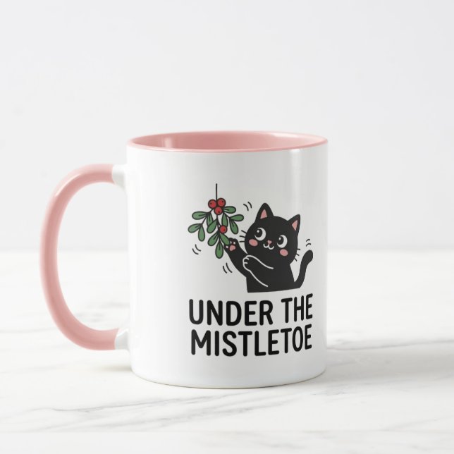 Caneca Jolly Snowfall Cute Black Cat Mistletoe Design (Esquerda)