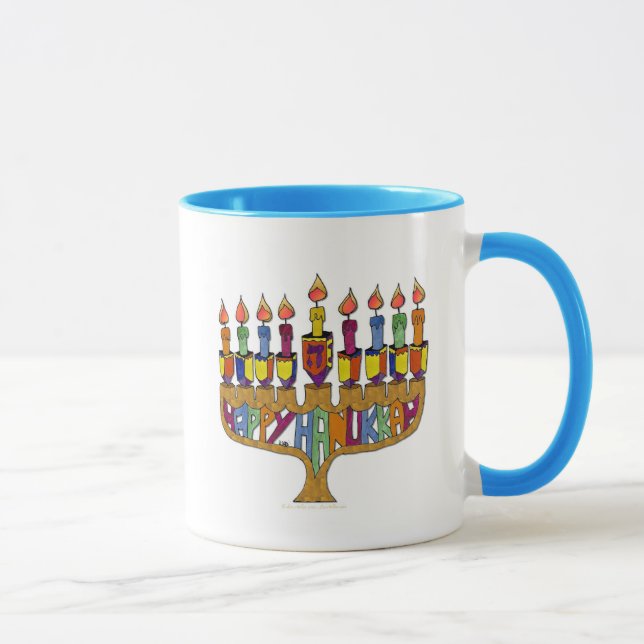 Caneca Judaica Feliz Hanukkah Pião Menorá (Direita)