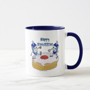 Caneca Judaica Happy Hanukkah Dançando Dreidels Doughnut