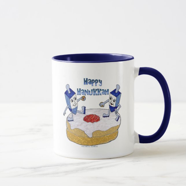 Caneca Judaica Happy Hanukkah Dançando Dreidels Doughnut (Direita)