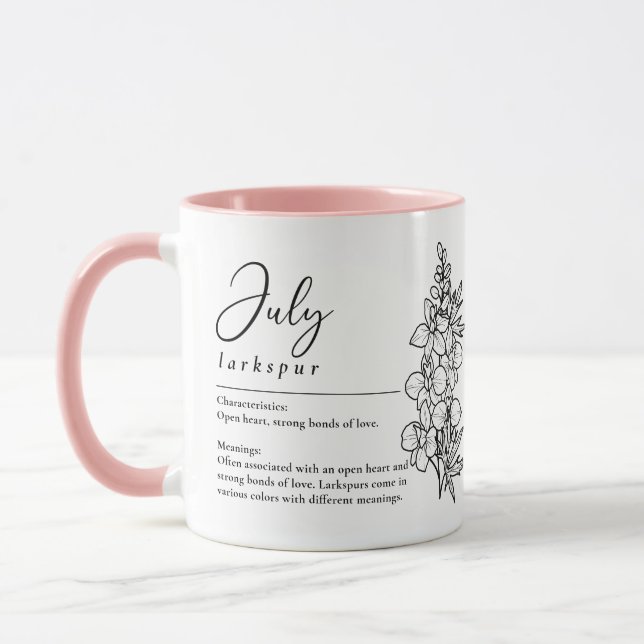 Caneca Julho Nascimento Mês Flor Larkspur Minimalista (Esquerda)