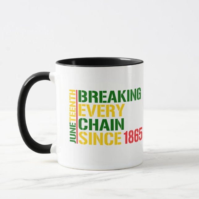 Caneca JUNETEENTH Rompendo Cada Corrente 1985 MÊS PRETO (Esquerda)