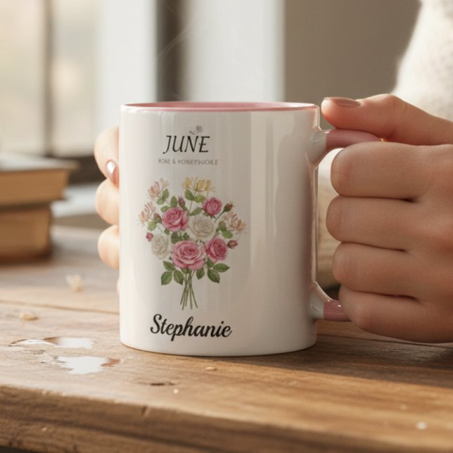 Caneca Junho Rosa Mês de Nascimento Floral Presente para  (Cozy Rose & Honeysuckle – June Birthday Mug)