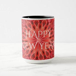 Caneca Kaleidoscope Design Red Flower Feliz ano novo Text