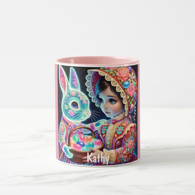 Caneca KATHY ~ Vintage Girl Eggs Bunny~ Mug (Centro)