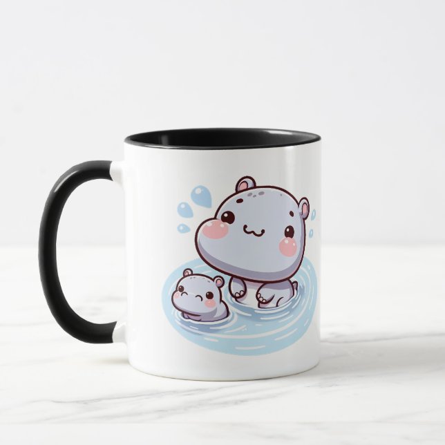 Caneca Kawaii Baby Hippos Swimming Mug Design (Esquerda)