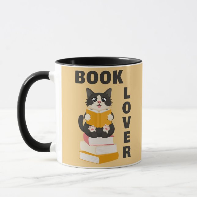 Caneca Kawaii Book Lover Back to School Cartoon Cat Reads (Esquerda)