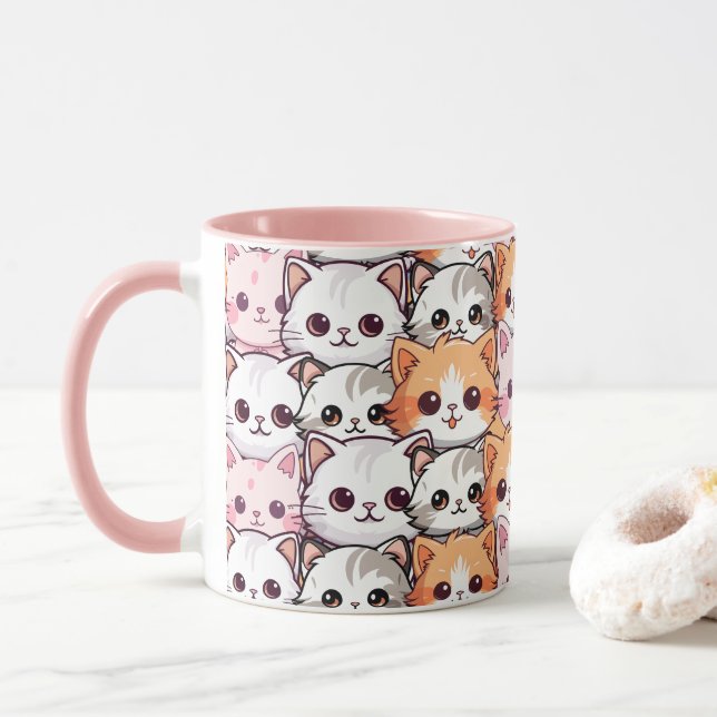 Caneca Kawaii Cat feline Kitten rosto rabisco impressão (Com Donut)