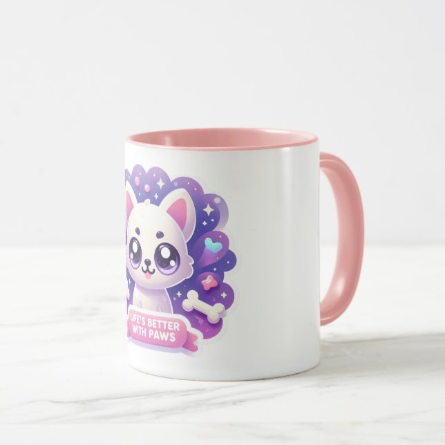 Caneca Kawaii Dog Mug Life's better with Paws Cute Puppy (Frente Esquerda)