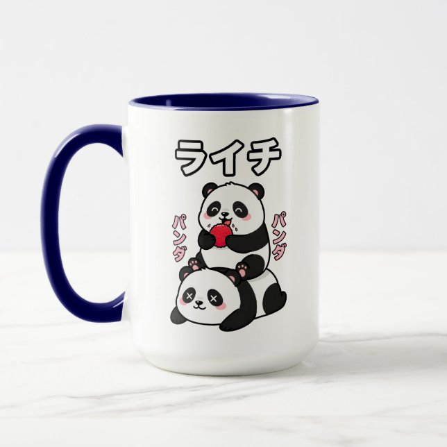 Caneca Kawaii Panda Stack Lychee Fruit Japanese Cartoon (Esquerda)