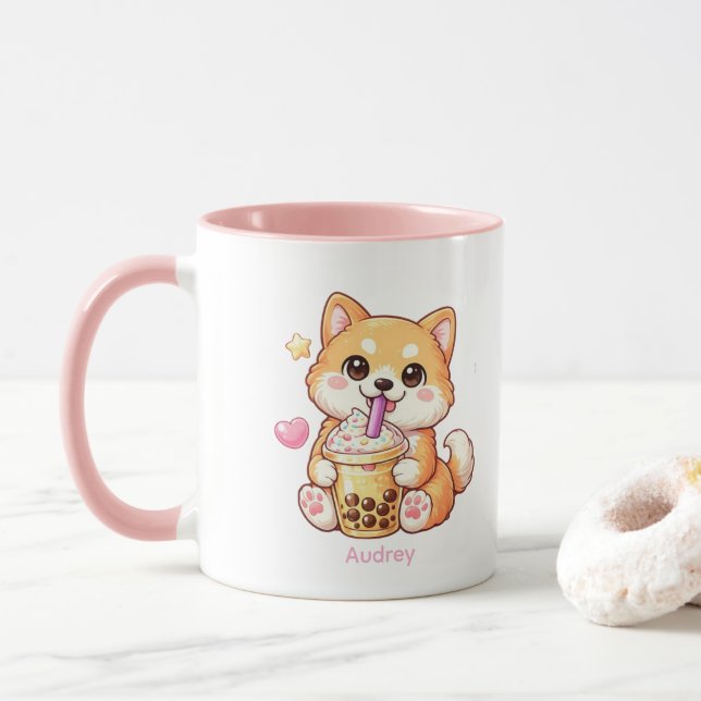 Caneca Kawaii Shiba Inu Drinking Bubble Tea Unisex (Com Donut)