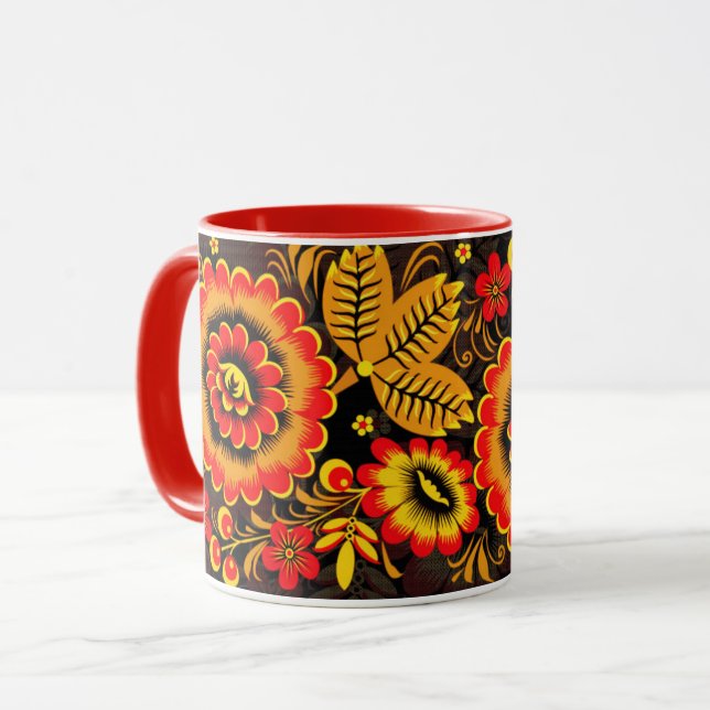 Caneca Khokhloma Russo - Padrão Vermelho Negro Botânico (Frente Esquerda)
