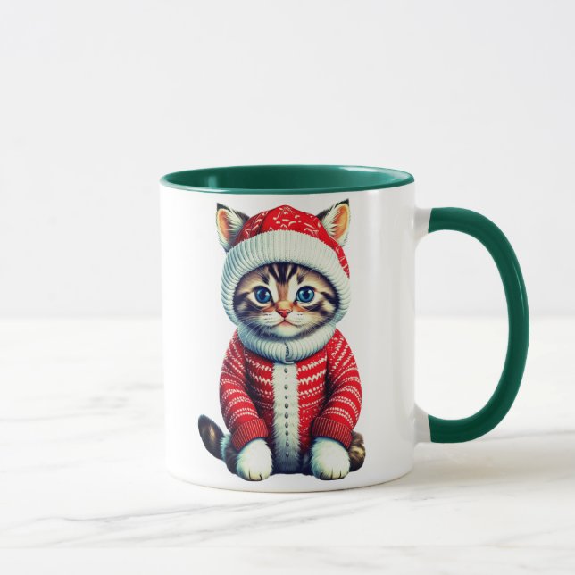 Caneca Kitten com um suéter de Natal Vermelho e Branco (Direita)