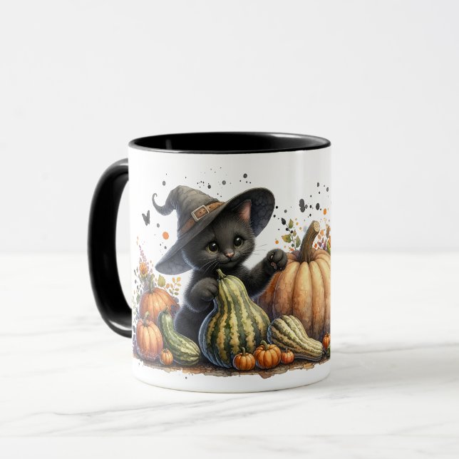 Caneca Kitten da Bruxa Negra do Halloween W/ Pumpkins Gou (Frente Esquerda)