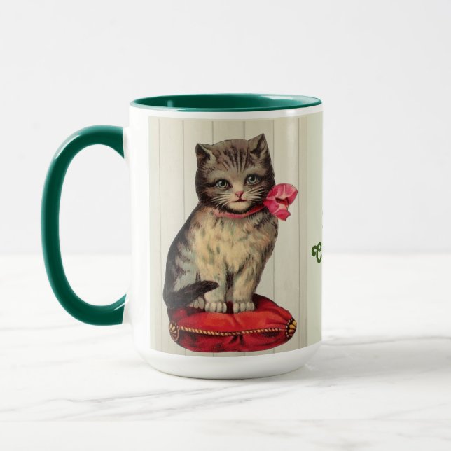 Caneca Kitten Natal Sentado Vestindo um Arco Vermelho (Esquerda)