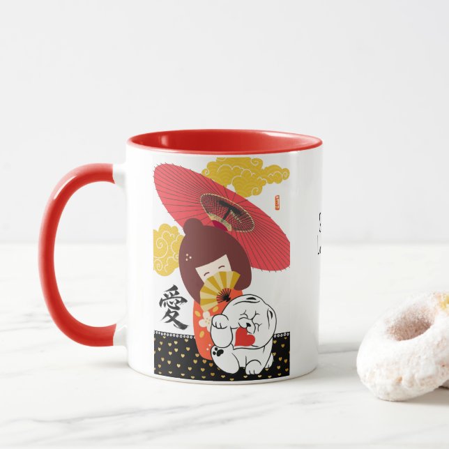 Caneca KOKESHI AMOR  Coração de cachorro Chow  (Com Donut)