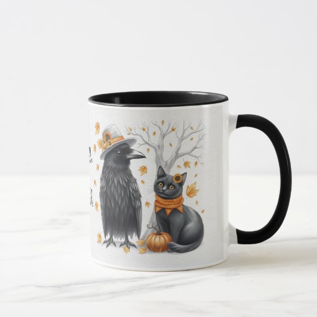 Caneca Krähe und Katze im Herbst „Hello Fall“ Crow (Direita)