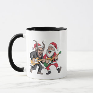 Caneca Krampus e Papai Noel Tocando Guitarra Elétrica de