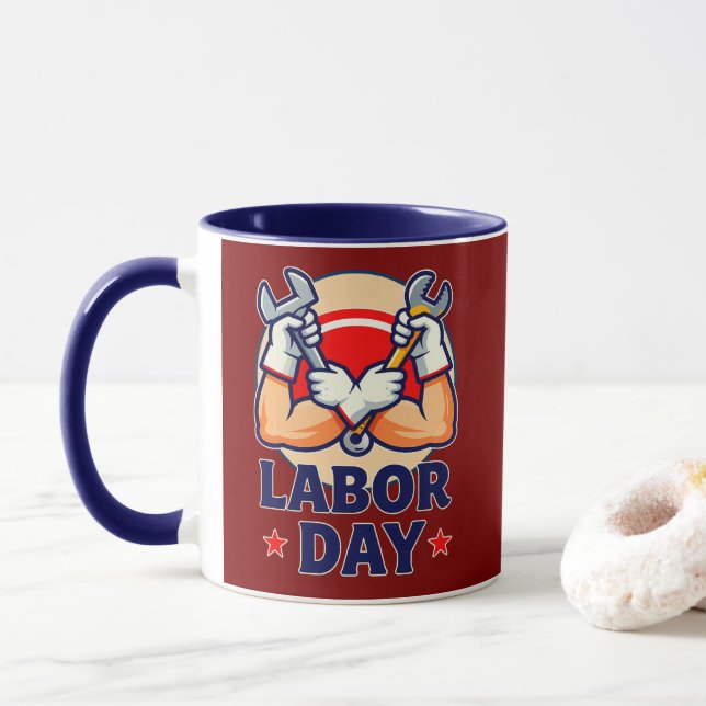 Caneca Labor Day Strong Worker Hands Illustration (Com Donut)