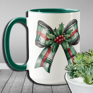 Caneca Laco de Natal Coquette Folhas de Azevinho Xadrez P