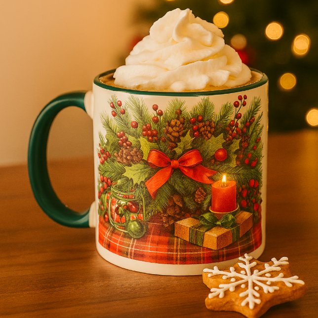 Caneca Laço Vermelho Festivo de Natal com Folhagem  (“Wrapped in pine and candlelight: this festive mug brings woodland charm to every cozy sip.")